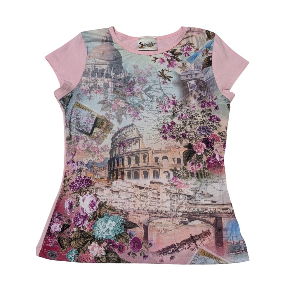 VTG Walt Disney World Top Womens Small Pink Italy Collage Floral Short Sleeve